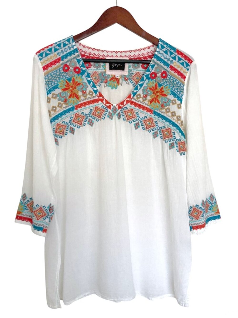 Johnny Was Biya Embroidered Tunic Top V-Neck 3/4 Sleeve Pullover Size M White